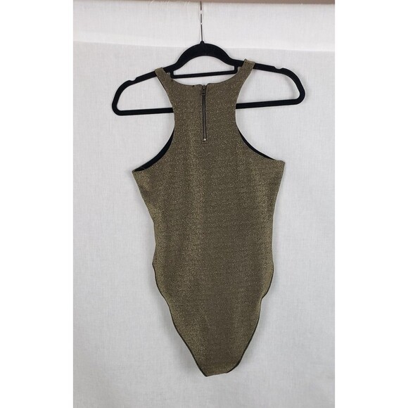 AllSaints Bodysuit Womens 6 Gold Metallic High Neck Racerback Zip Back Shimmer - Picture 2 of 9